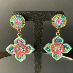 Pink and Teal Rhinestone Geometric Earrings